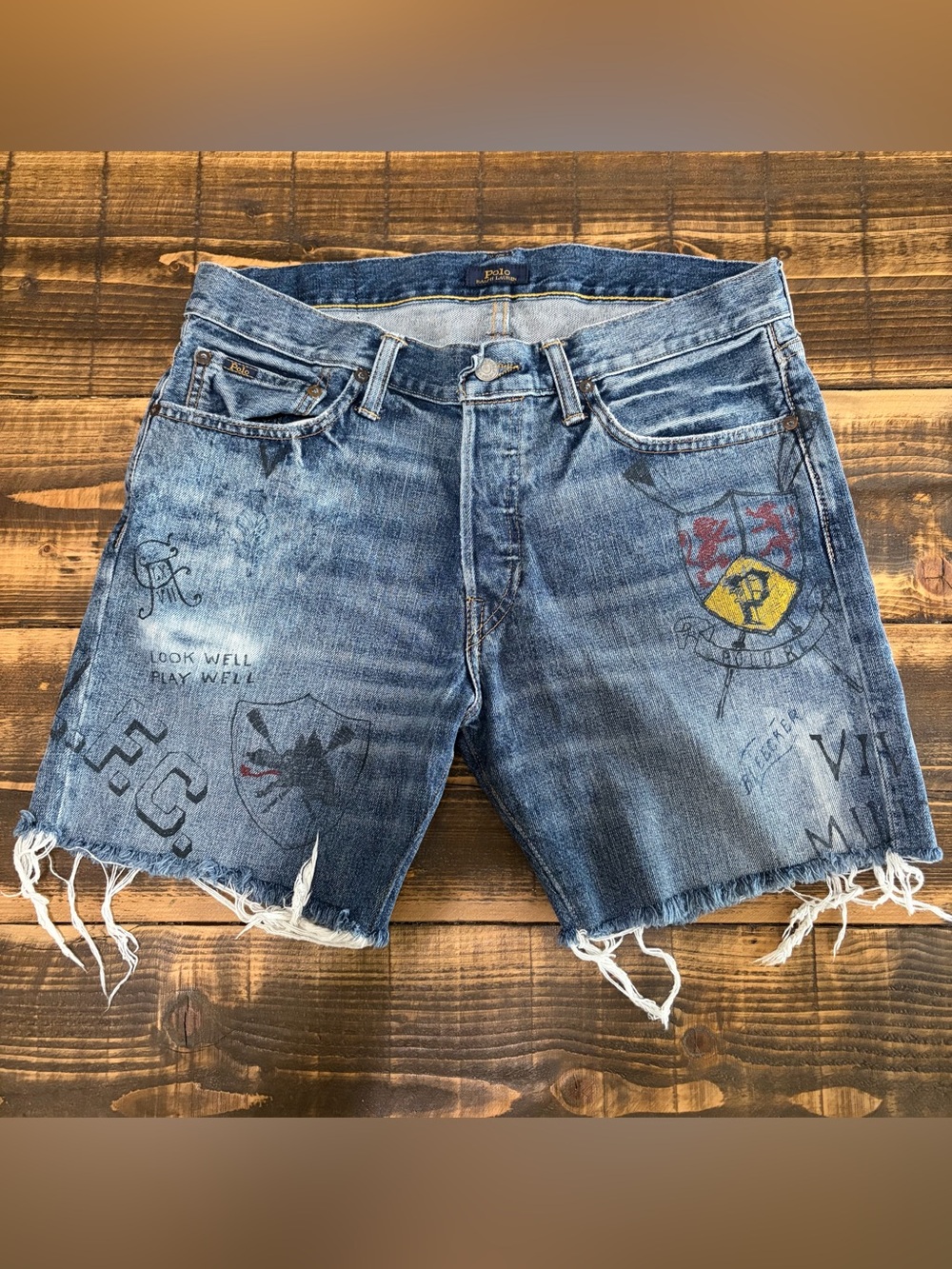 Polo Ralph Lauren Sullivan Slim Graphic Denim Shorts Men 33 Distressed Y2K Rare - Picture 14 of 14